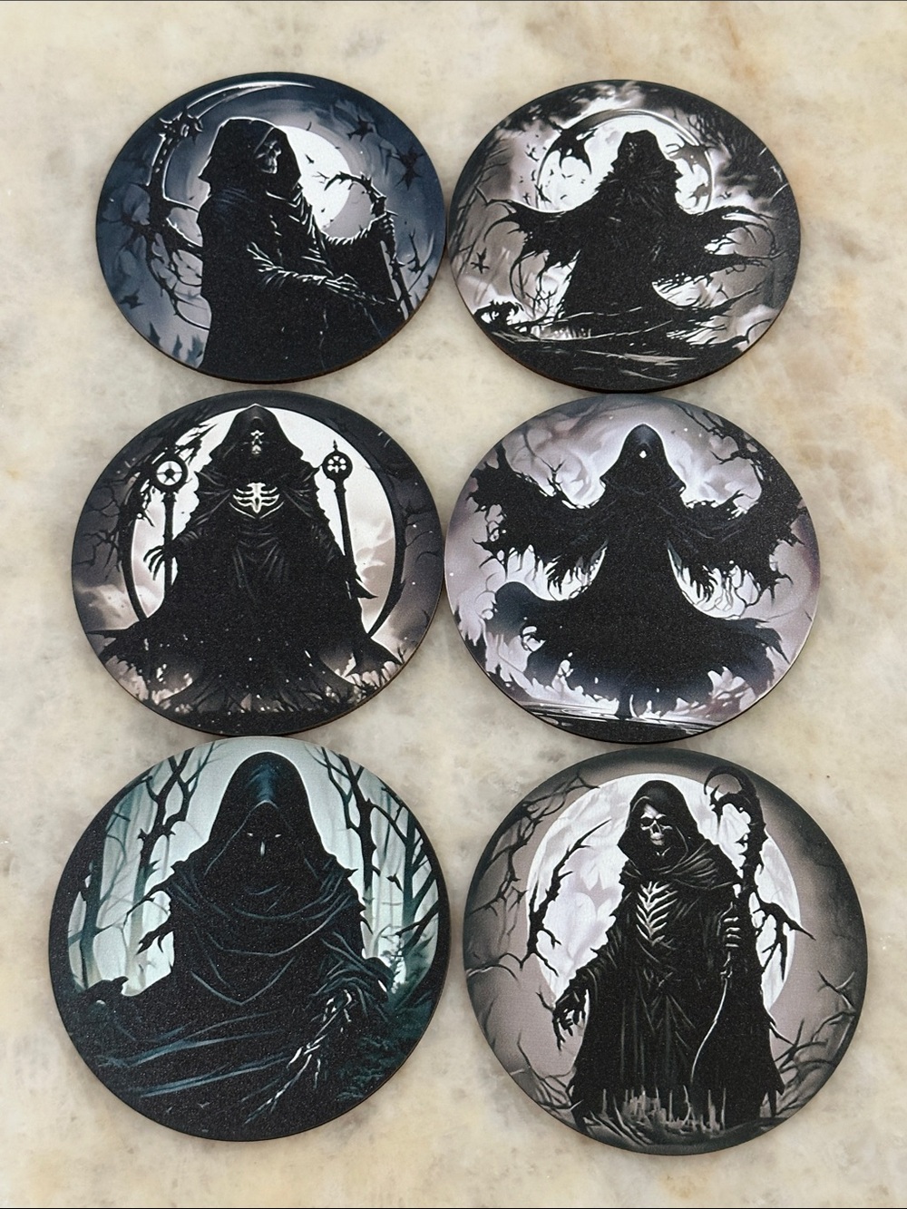 Black Gothic Reaper Wooden Coaster Set
